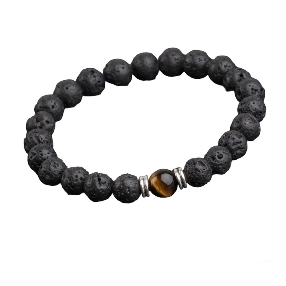 Lava Rock/Volcanic Stone Beaded Bracelet w/Tiger's Eye Gemstone & Silver Detail